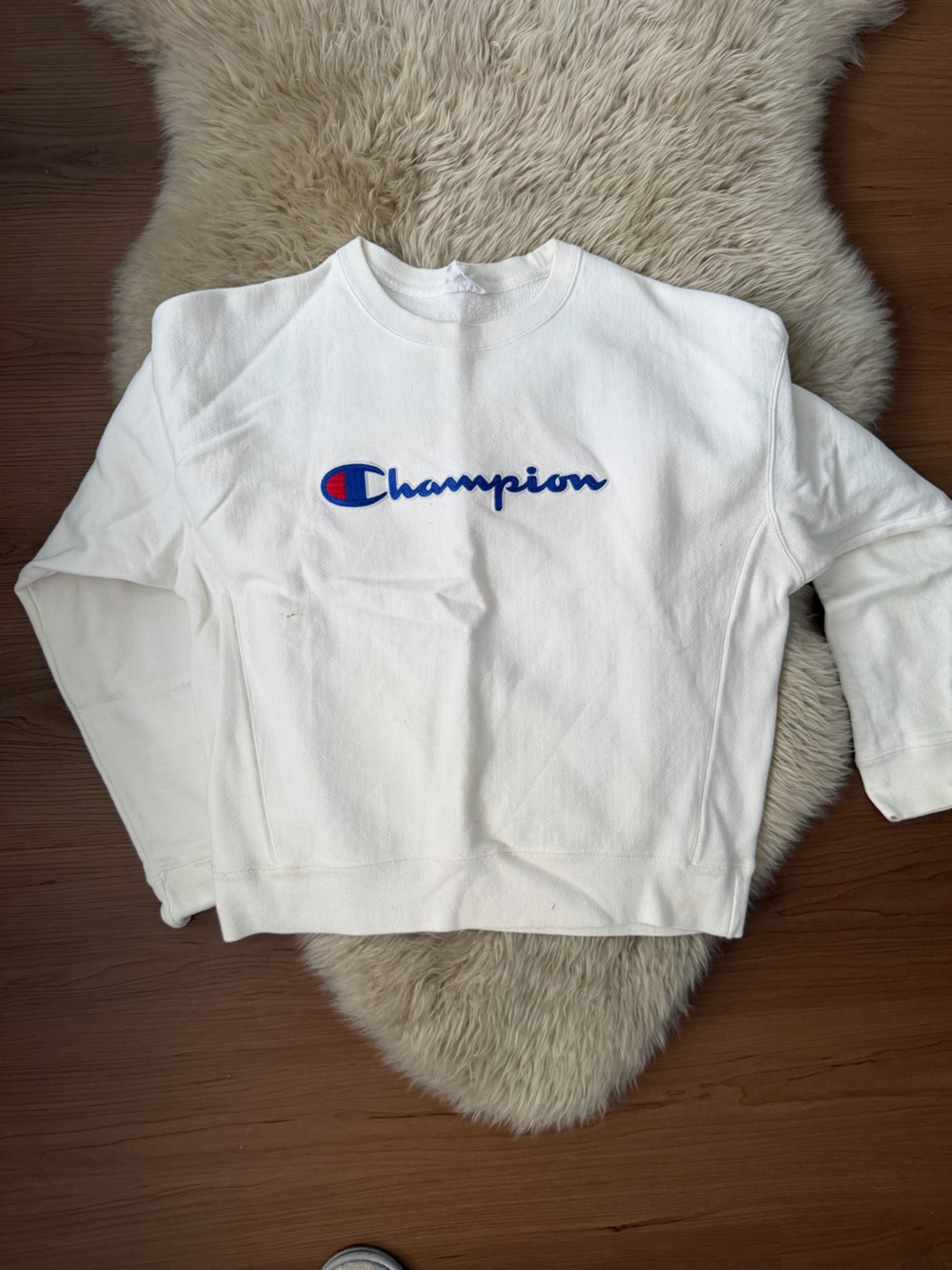 Champion White Crewneck Sweatshirt with Blue & Red Script Logo